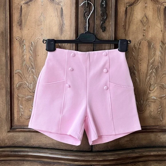 NWT Zara Girls Light Pink High Waist Retro Shorts Buttons Elastic Back 9 10 12 - Picture 1 of 11